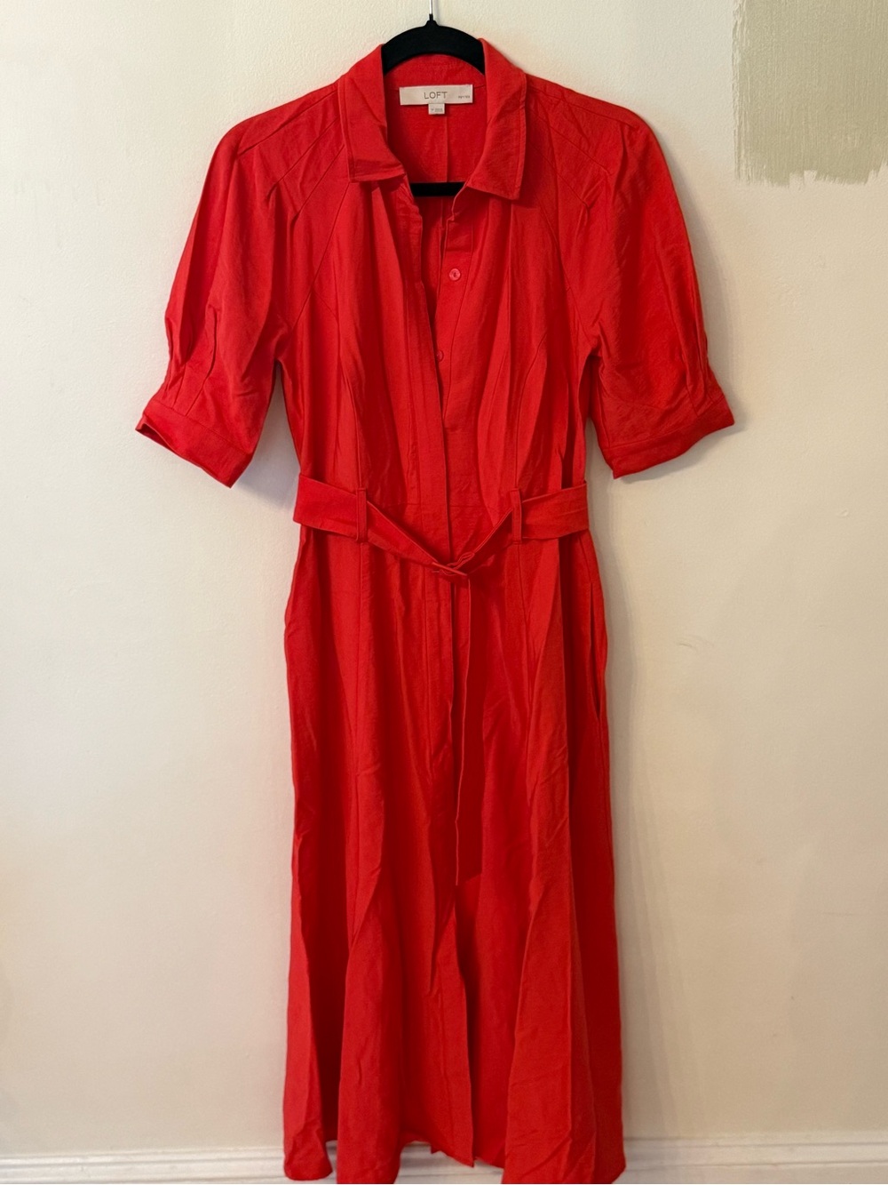 LOFT Red Maxi Shirt Dress with Waist Tie